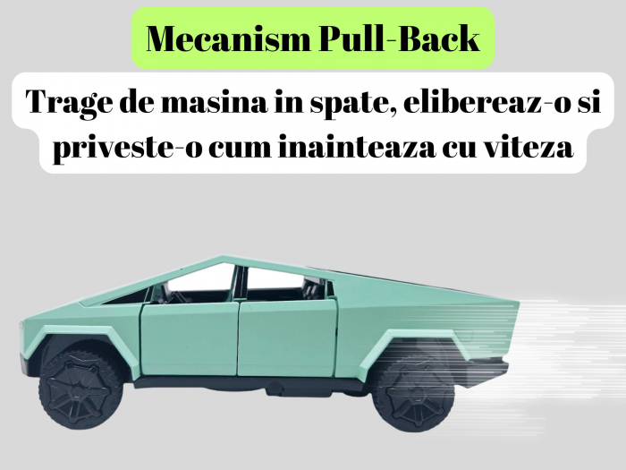 Masina Metalica tip Tesla Cybertruck, Sunete Realistice, Farurile si Stopurile lumineaza, Usile, capota si portbagajul se deschid, Baterii incluse, 18cm, Verde [3]
