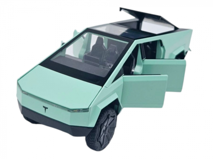 Masina Metalica tip Tesla Cybertruck, Sunete Realistice, Farurile si Stopurile lumineaza, Usile, capota si portbagajul se deschid, Baterii incluse, 18cm, Verde [1]