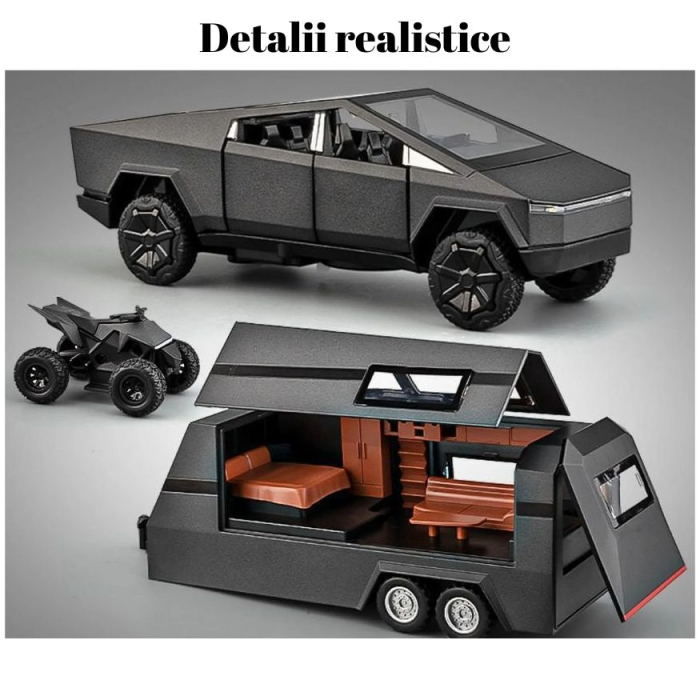 Masina Metalica tip Tesla Cybertruck cu Rulota, ATV detasabil, Lumini si Sunete, Usi mobile, 28cm, Negru [3]