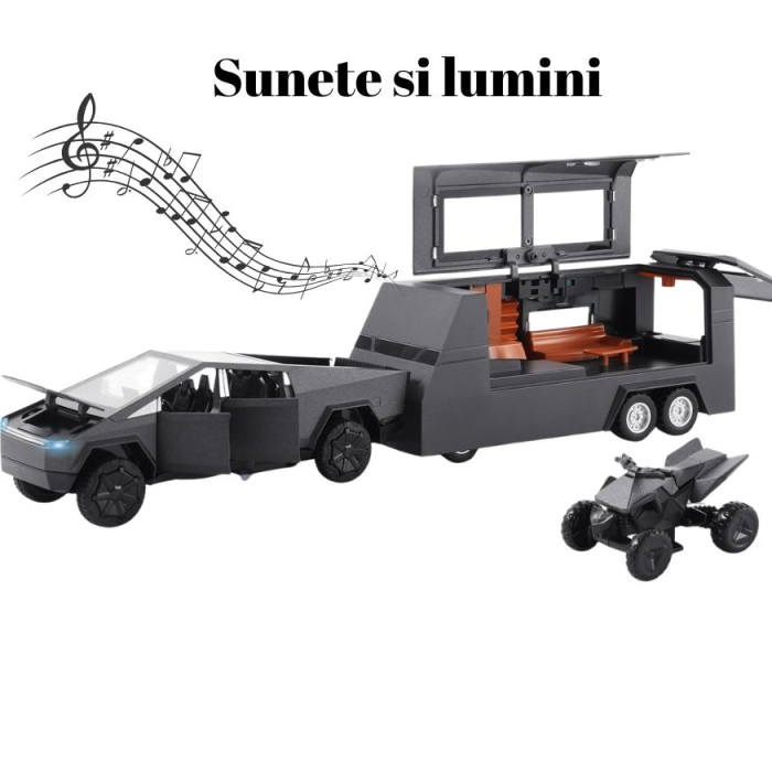 Masina Metalica tip Tesla Cybertruck cu Rulota, ATV detasabil, Lumini si Sunete, Usi mobile, 28cm, Negru [4]