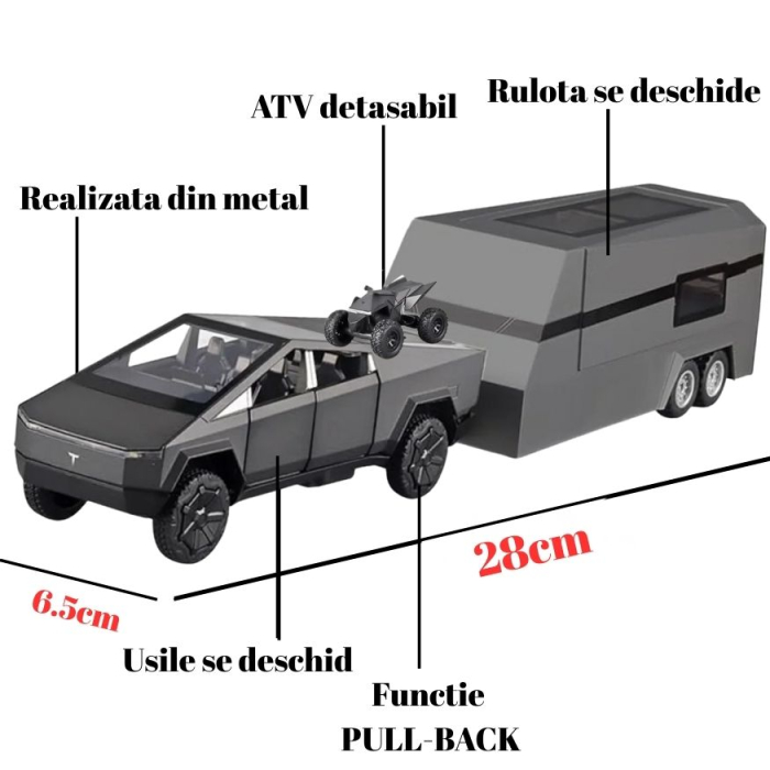 Masina Metalica tip Tesla Cybertruck cu Rulota, ATV detasabil, Lumini si Sunete, Usi mobile, 28cm, Negru [2]