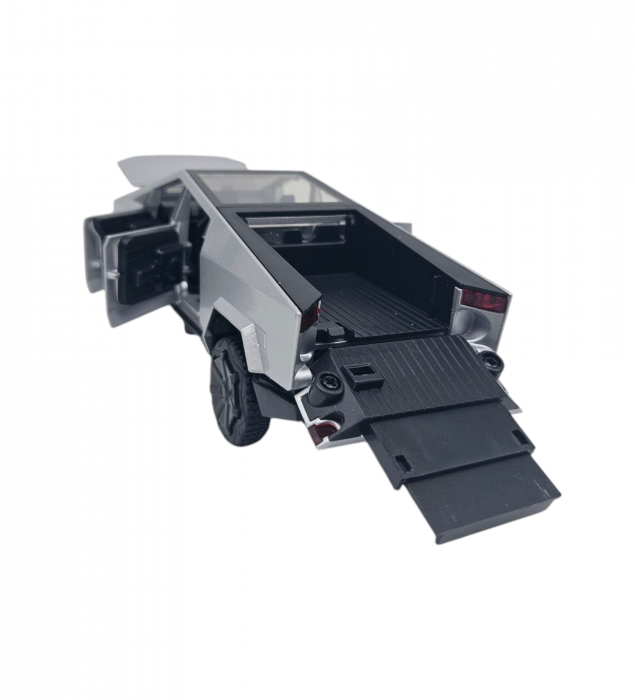Masina metalica tip Tesla Cybertruck, 3 sunete realistice, Farurile si stopurile lumineaza, Usile, capota si portbagajul se deschid, baterii incluse, 18cm, Gri deschis [7]