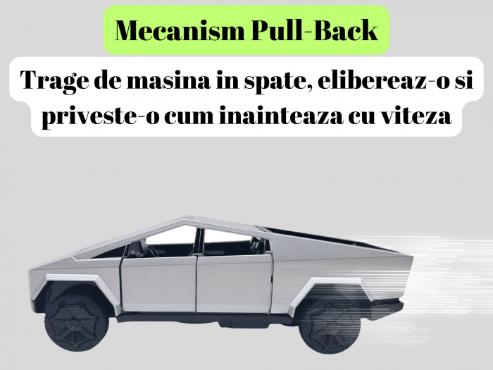 Masina metalica tip Tesla Cybertruck, 3 sunete realistice, Farurile si stopurile lumineaza, Usile, capota si portbagajul se deschid, baterii incluse, 18cm, Gri deschis [3]