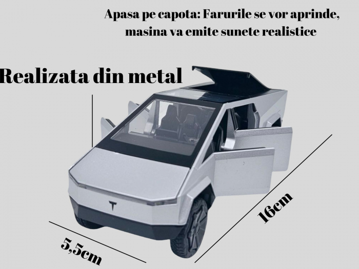 Masina metalica tip Tesla Cybertruck, 3 sunete realistice, Farurile si stopurile lumineaza, Usile, capota si portbagajul se deschid, baterii incluse, 18cm, Gri deschis [4]