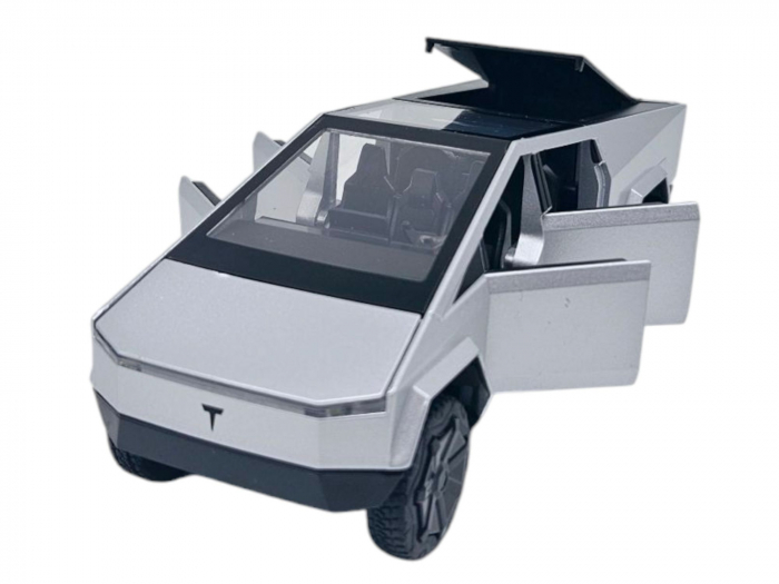 Masina metalica tip Tesla Cybertruck, 3 sunete realistice, Farurile si stopurile lumineaza, Usile, capota si portbagajul se deschid, baterii incluse, 18cm, Gri deschis [1]