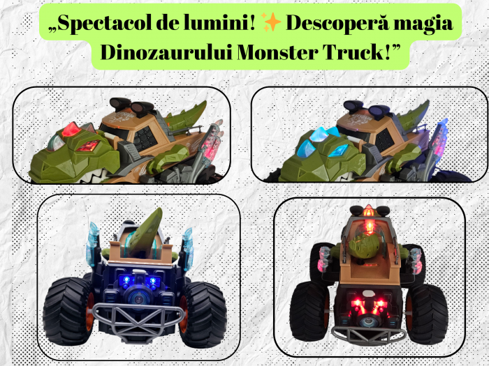 Masina Monster Truck Dinozaur, cu Telecomanda, Efecte Fum, Sunete si lumini, Miscari Sincronizate, Baterii Incluse, 26cm, Verde, ERGINO® [3]