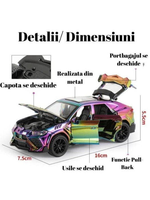 Masinuta Metal tip Lamborghini Urus Metalizat, Usile, capota si portbagajul se deschid, Sunete, Lumini, Pull-Back, Cameleon, 16cm [2]