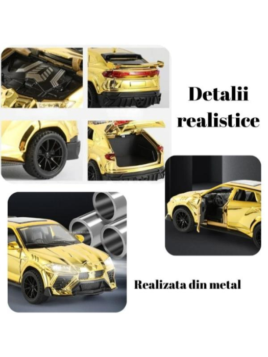 Masinuta Metal tip Lamborghini Urus Metalizat, Usile, capota si portbagajul se deschid, Sunete, Lumini, Pull-Back, Auriu, 16cm [4]