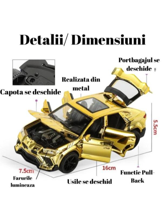 Masinuta Metal tip Lamborghini Urus Metalizat, Usile, capota si portbagajul se deschid, Sunete, Lumini, Pull-Back, Auriu, 16cm [2]