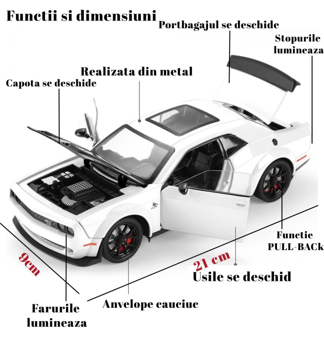 Masinuta metalica Dodge cu efecte de aburi, lumini si sunete, 21cm, Alb [2]