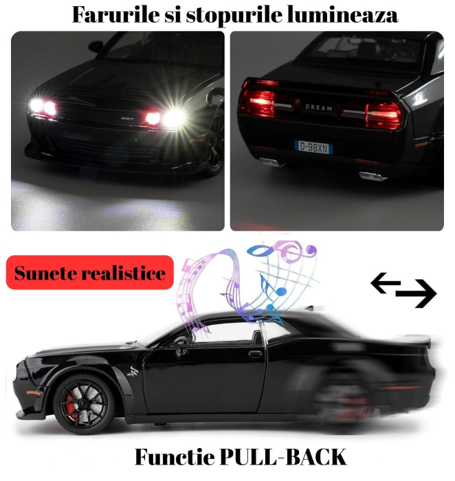 Masina metalica tip Dodge cu Efecte Aburi, Lumini, Sunete, Capota, portbagajul si cele 4 usi se deschid, 21cm, Negru [3]