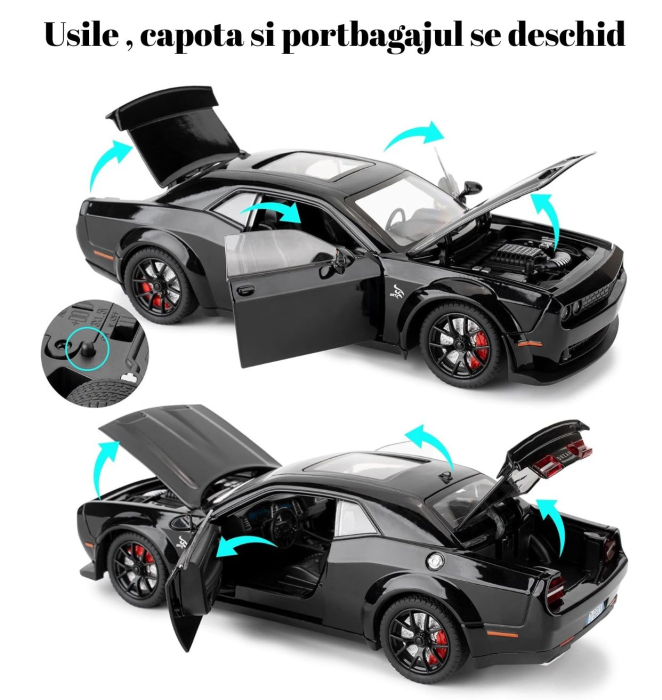 Masina metalica tip Dodge cu Efecte Aburi, Lumini, Sunete, Capota, portbagajul si cele 4 usi se deschid, 21cm, Negru [4]