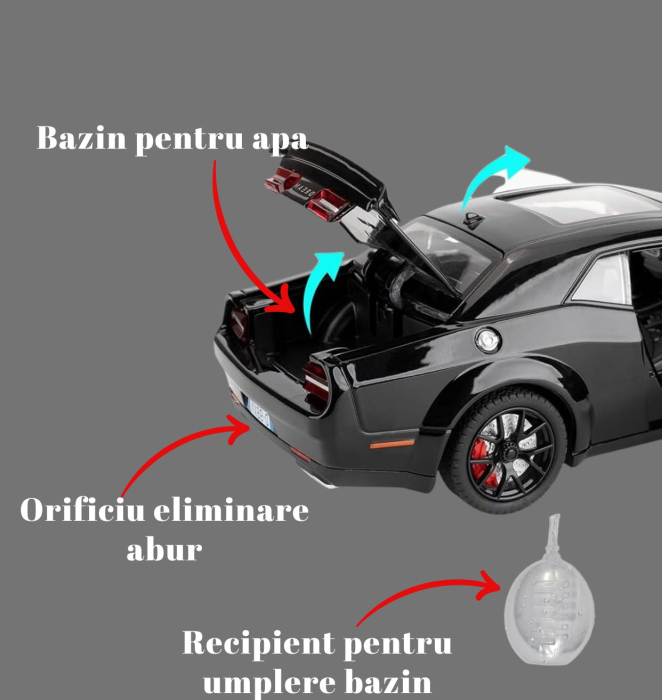 Masina metalica tip Dodge cu Efecte Aburi, Lumini, Sunete, Capota, portbagajul si cele 4 usi se deschid, 21cm, Negru [5]