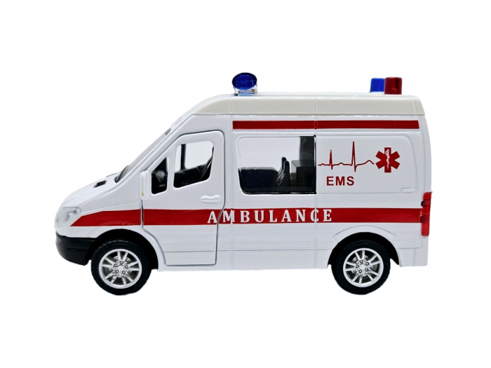 Masinuta metalica duba tip Mercedes Ambulanta, Se deschid usile, Sunete si lumini, Baterii incluse, 12cm [6]