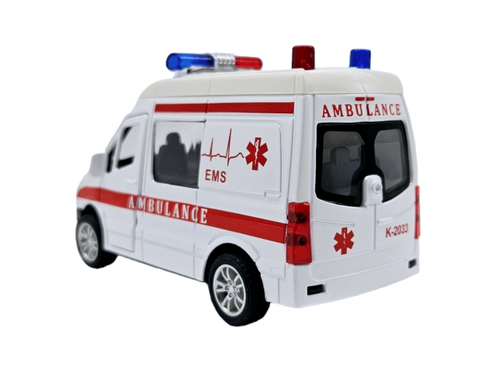 Masinuta metalica duba tip Mercedes Ambulanta, Se deschid usile, Sunete si lumini, Baterii incluse, 12cm [8]
