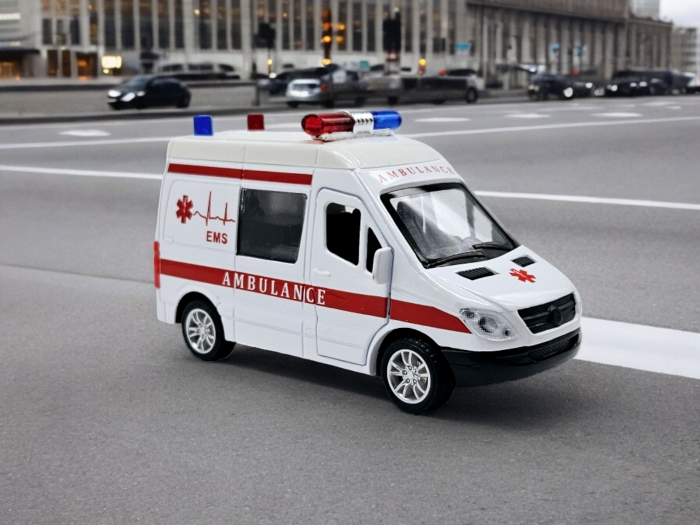 Masinuta metalica duba tip Mercedes Ambulanta, Se deschid usile, Sunete si lumini, Baterii incluse, 12cm [9]