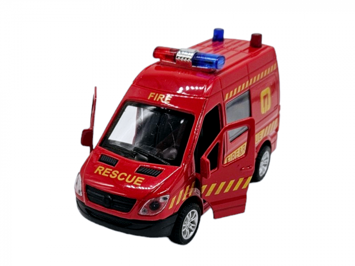 Masinuta metalica duba tip Mercedes Pompieri, Se deschid usile, Sunete si lumini, Baterii incluse, 12cm [1]