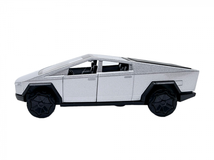 Masinuta metalica Tesla Cybertruck, Sunete realistice, Usile se deschid, Farurile lumineaza, Baterii incluse, Gri, 13cm, Replica [4]
