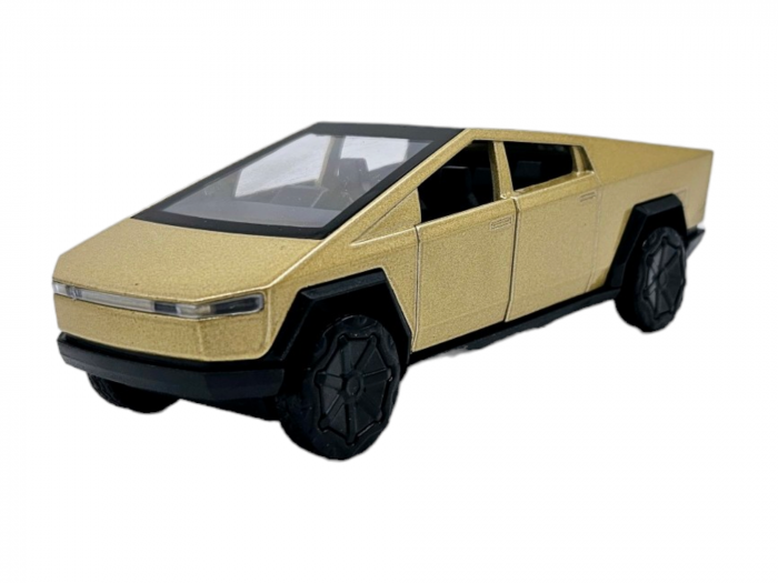 Masinuta metalica Tesla Cybertruck, Sunete realistice, Usile se deschid, Farurile lumineaza, Baterii incluse, Auriu, 13cm, Replica [6]
