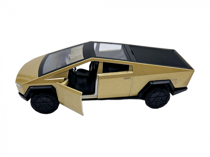 Masinuta metalica Tesla Cybertruck, Sunete realistice, Usile se deschid, Farurile lumineaza, Baterii incluse, Auriu, 13cm, Replica [2]