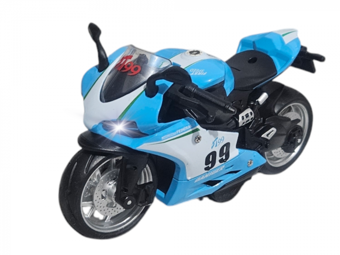 Motocicleta din metal, Sunete si lumini, Functie pull-back, Albastru, 17cm, Ergino [1]
