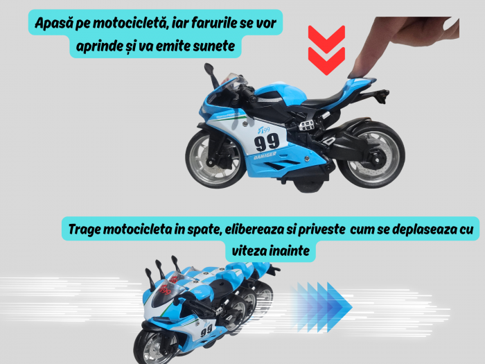 Motocicleta din metal, Sunete si lumini, Functie pull-back, Albastru, 17cm, Ergino [4]