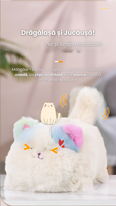 Pisica Interactiva din Plus, Efecte de miscare a cozii si clipirea ochilor, 2 cantece, Toarce cand este mangaiata, Material moale si pufos, Cultiva afectiunea si empatia, ERGINO®Baterii incluse, 29cm [9]
