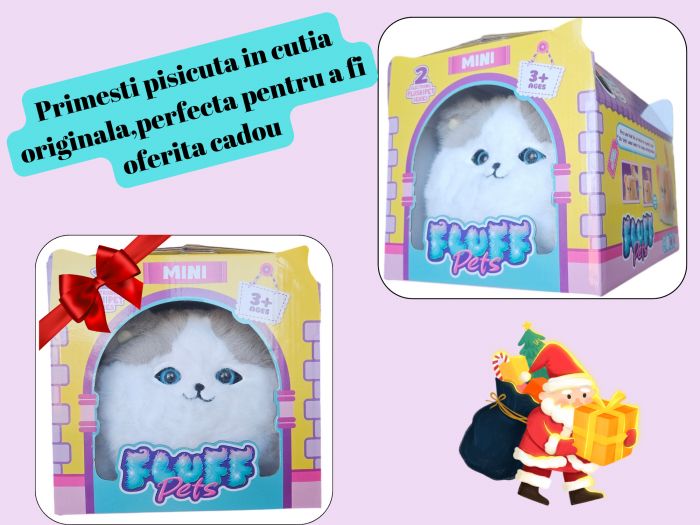 Pisica Interactiva din Plus, Efecte de miscare a cozii si clipirea ochilor, 2 cantece, Toarce cand este mangaiata, Material moale si pufos, Cultiva afectiunea si empatia, ERGINO®, 29cm, Alb/gri [7]