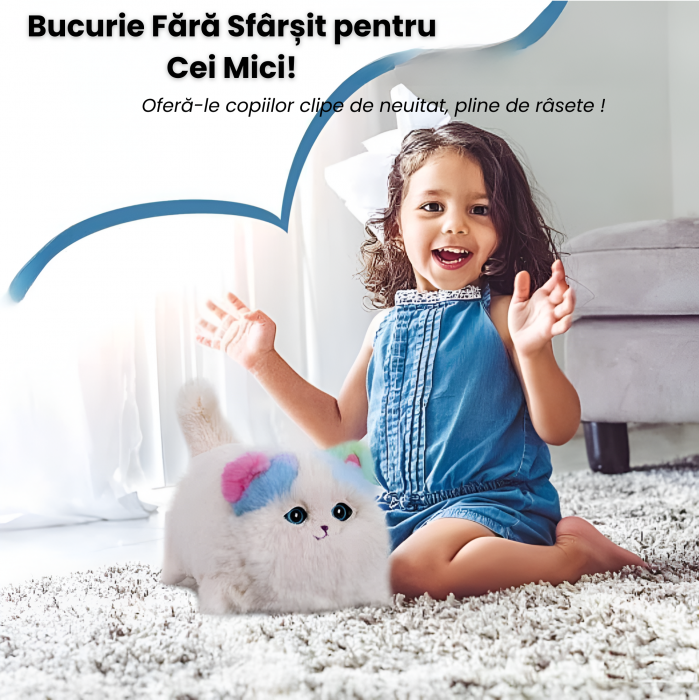 Pisica Interactiva din Plus, Efecte de miscare a cozii si clipirea ochilor, 2 cantece, Toarce cand este mangaiata, Material moale si pufos, Cultiva afectiunea si empatia, ERGINO®Baterii incluse, 29cm [3]