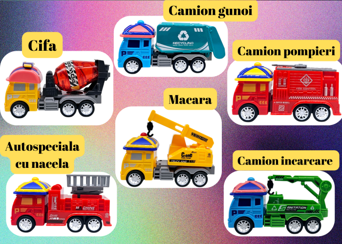 Set 12 masinute colorate de jucarie, Echipe de Salvare si Interventie, Cisterna, Macara, Excavator, Masina de Pompieri, Cifa, Basculanta, Salubritate, Multicolor, Plastic, 13cm, +3ani, ERGINO® [3]