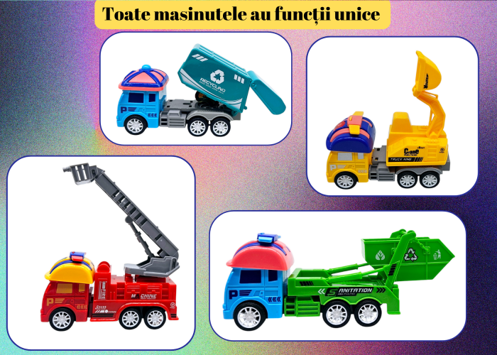 Set 12 masinute colorate de jucarie, Echipe de Salvare si Interventie, Cisterna, Macara, Excavator, Masina de Pompieri, Cifa, Basculanta, Salubritate, Multicolor, Plastic, 13cm, +3ani, ERGINO® [4]