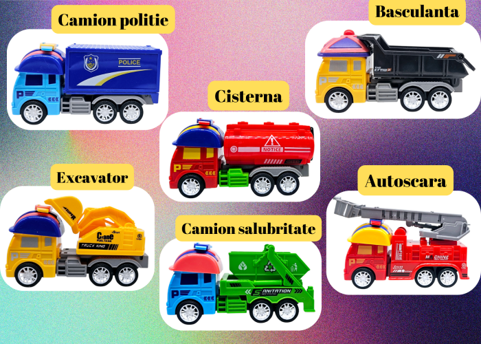 Set 12 masinute colorate de jucarie, Echipe de Salvare si Interventie, Cisterna, Macara, Excavator, Masina de Pompieri, Cifa, Basculanta, Salubritate, Multicolor, Plastic, 13cm, +3ani, ERGINO® [2]