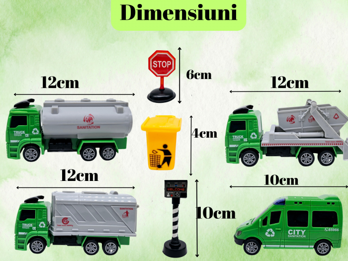 Set 12 piese Salubritate, Masina de gunoi, Continer basculant, Vitanja, Duba, alte Accesorii, Jucarii educative si interactive, +3ani, plastic, ERGINO® [2]