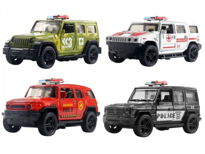 Set 4 masini de interventie din metal, Sunete si lumini, Se deschid usile, Functie pull-back, Ambulanta, Politie, Pompieri, Armata, 11cm [1]