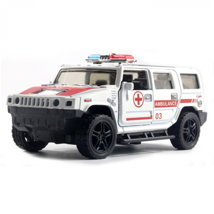 Set 4 masini de interventie din metal, Sunete si lumini, Se deschid usile, Functie pull-back, Ambulanta, Politie, Pompieri, Armata, 11cm [12]
