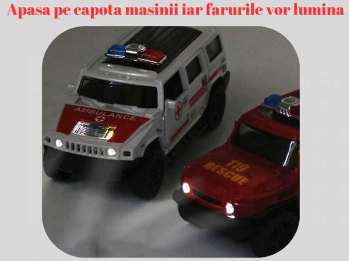 Set 4 masini de interventie din metal, Sunete si lumini, Se deschid usile, Functie pull-back, Ambulanta, Politie, Pompieri, Armata, 11cm [6]