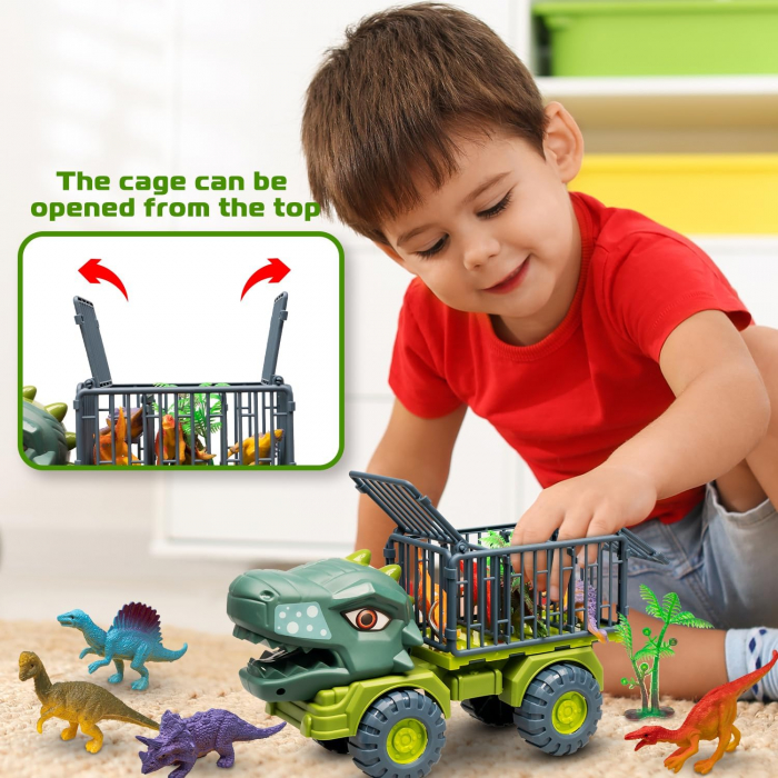 Set 4 masinute Dinozaur, Custi mobile, 12 piese, Accesorii, 13cm, Plastic, +3ani, ERGINO® [7]