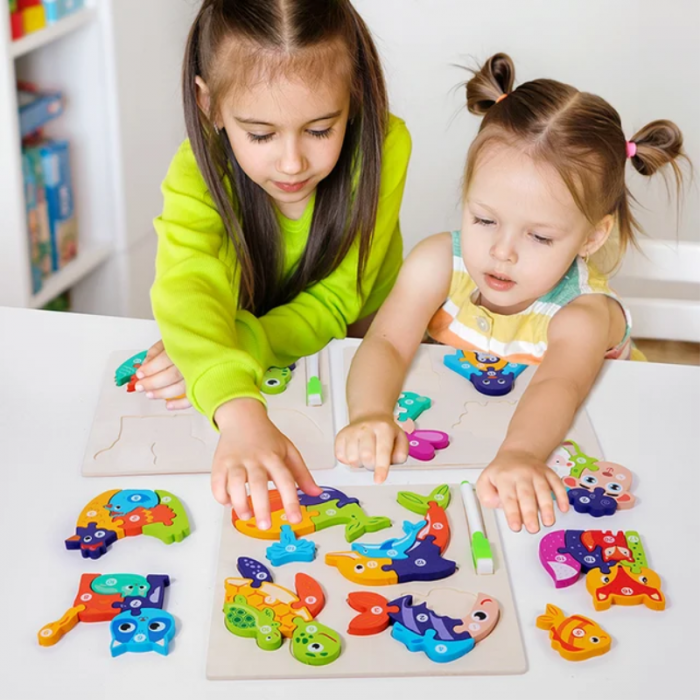 Set 4 puzzle din lemn 3D si tabla de scris, Educative si interactive, Pentru copii 2-5 ani, Leu, Elefant, Hipopotam, Urs panda, Multicolor [6]