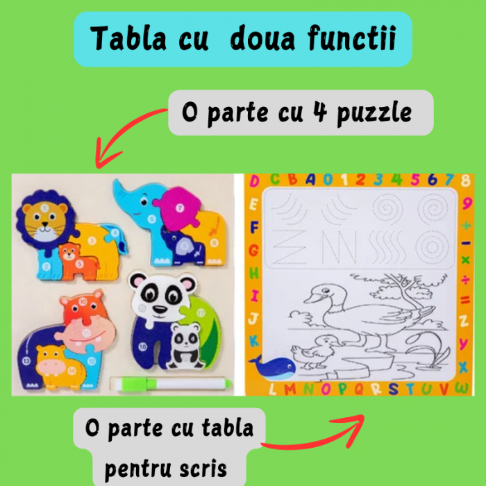 Set 4 puzzle din lemn 3D si tabla de scris, Educative si interactive, Pentru copii 2-5 ani, Leu, Elefant, Hipopotam, Urs panda, Multicolor [2]