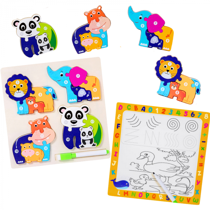 Set 4 puzzle din lemn 3D si tabla de scris, Educative si interactive, Pentru copii 2-5 ani, Leu, Elefant, Hipopotam, Urs panda, Multicolor [1]