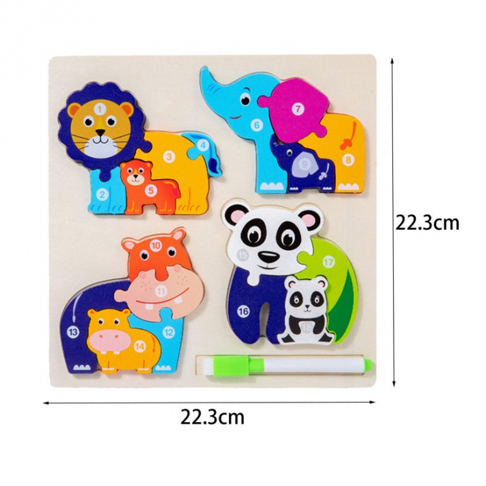 Set 4 puzzle din lemn 3D si tabla de scris, Educative si interactive, Pentru copii 2-5 ani, Leu, Elefant, Hipopotam, Urs panda, Multicolor [3]
