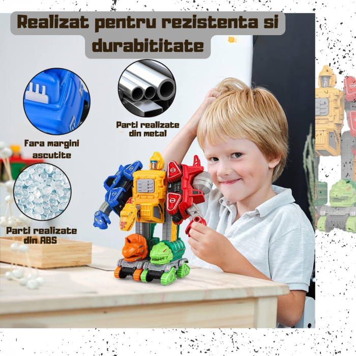 Set 5 in 1, Dinozauri Transformabili in Robot, – Jucarie Educativa 2 in 1 cu Functie Pull-Back, Metal si Plastic, 6 Cartonase, +3ani, ERGINO® [4]