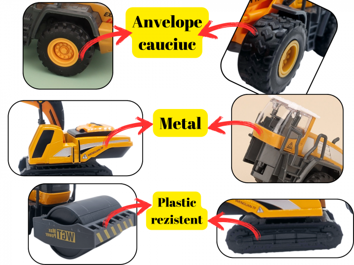 Set 7 utilaje de constructie, Metal si plastic, DIferite functii, Galben/Negru, 9-18cm, ERGINO® [4]