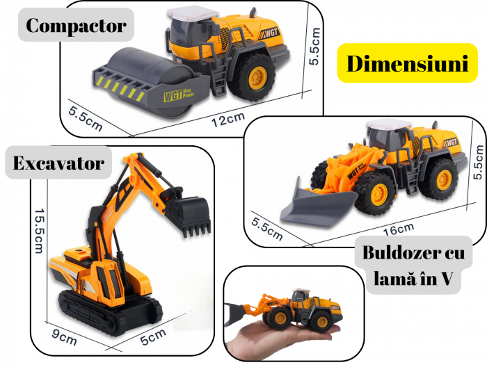 Set 7 utilaje de constructie, Metal si plastic, DIferite functii, Galben/Negru, 9-18cm, ERGINO® [6]