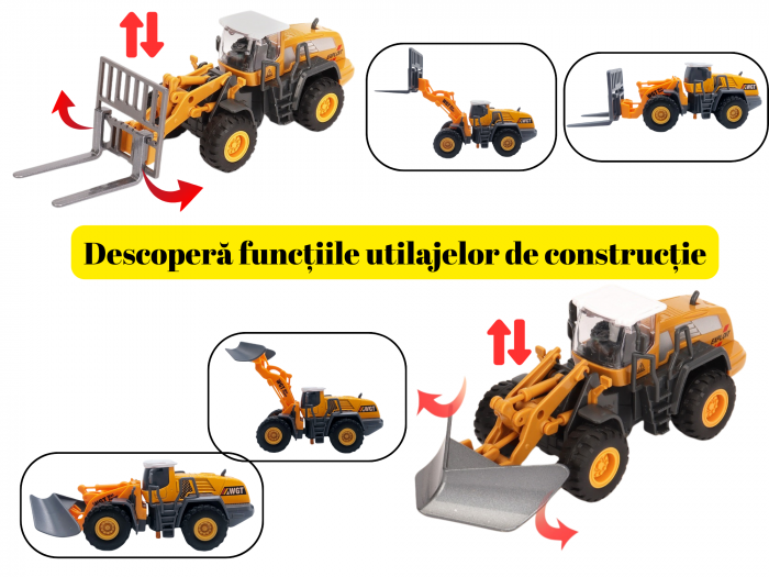 Set 7 utilaje de constructie, Metal si plastic, DIferite functii, Galben/Negru, 9-18cm, ERGINO® [2]
