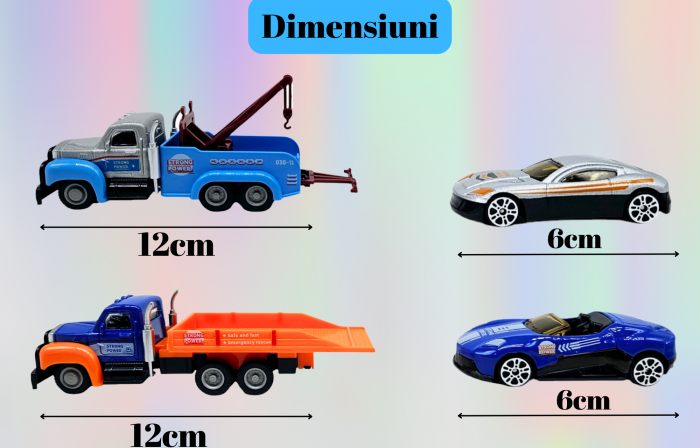 Set 8 piese, Camioane cu Platforme si Vehicule transportabile, Masini curse si Elicopter, Realizate din metal, Detalii Realistice, 12cm, +3 ani, ERGINO® [2]