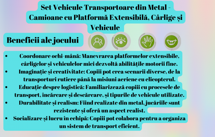 Set 8 piese, Camioane cu Platforme si Vehicule transportabile, Masini curse si Elicopter, Realizate din metal, Detalii Realistice, 12cm, +3 ani, ERGINO® [6]