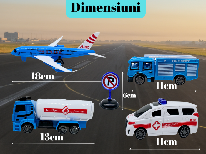 Set 9 piese Aeroport, Avion, Cisterna, Autospeciala Pompieri, Ambulanta, alte Accesorii, Jucarii educative si interactive, +3ani, plastic, ERGINO® [2]