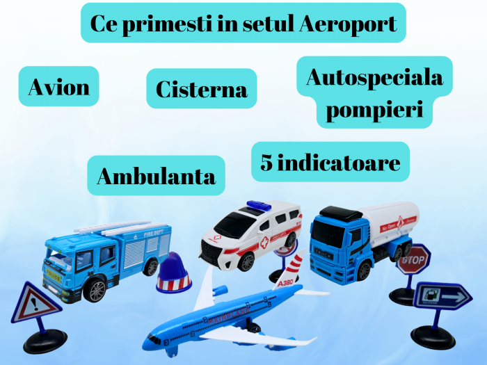 Set 9 piese Aeroport, Avion, Cisterna, Autospeciala Pompieri, Ambulanta, alte Accesorii, Jucarii educative si interactive, +3ani, plastic, ERGINO® [4]