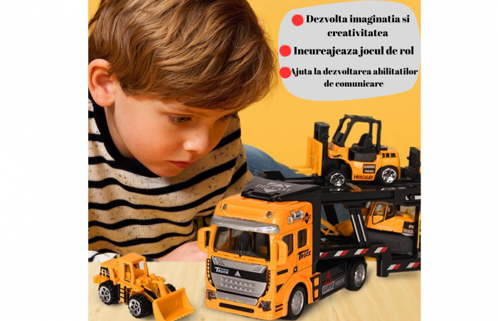 Set camion trailer de jucarie pentru transport, Utilaje de constructii, 7 piese, excavator, buldozer, betoniera, compactor, motostivuitor, camion, 33cm, Galben [5]
